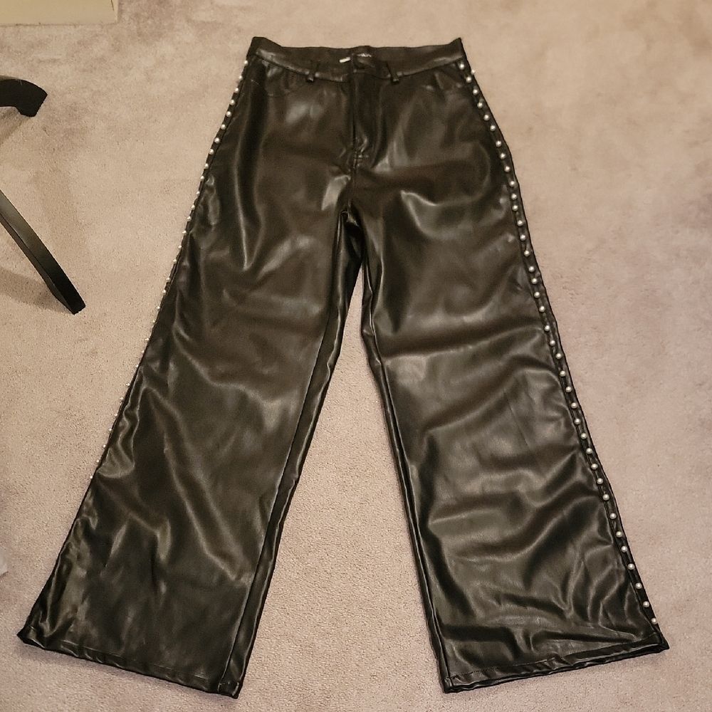 Nwot Vibrant Faux Leather Pearl Studded Wide Leg Pants